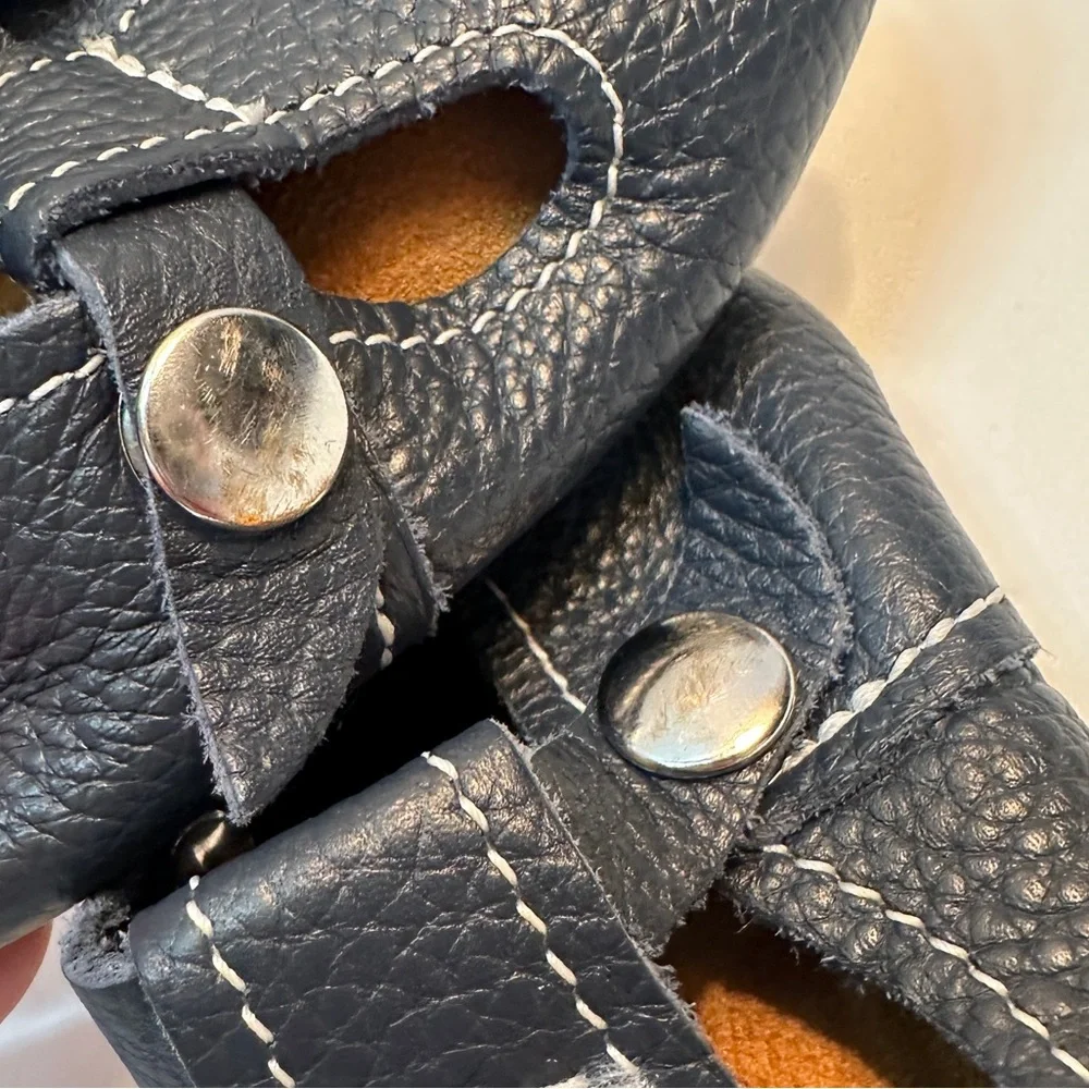 Navy Blue Mon Petit Shoes T-Strap Leather Handmade Baby 4 Soft Soled Shoes‎
